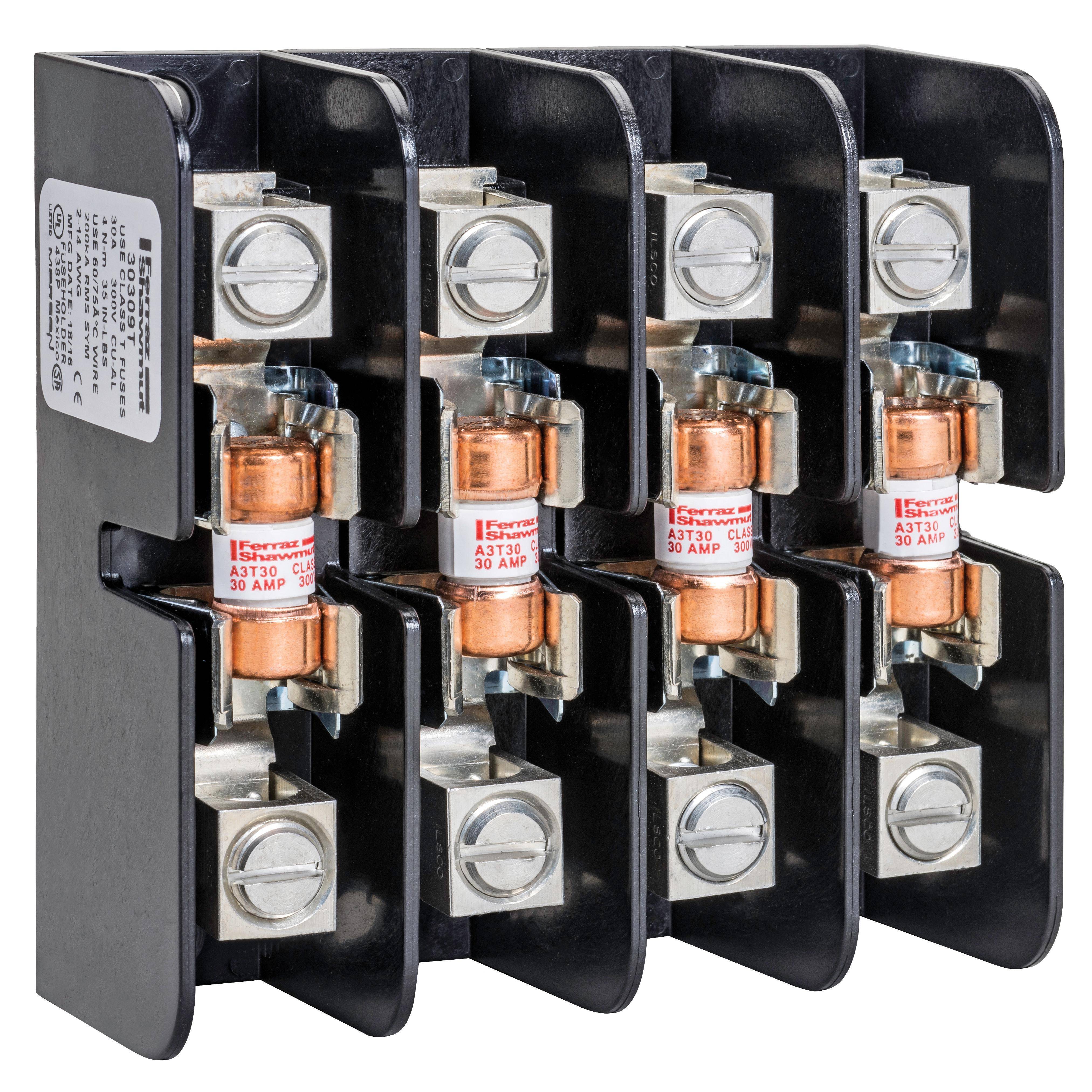Mersen 30359T Open Style Fuse Block, 300 VAC/160 VDC, 30 A, Class: T, 14 to 4 AWG Wire, 4 Poles