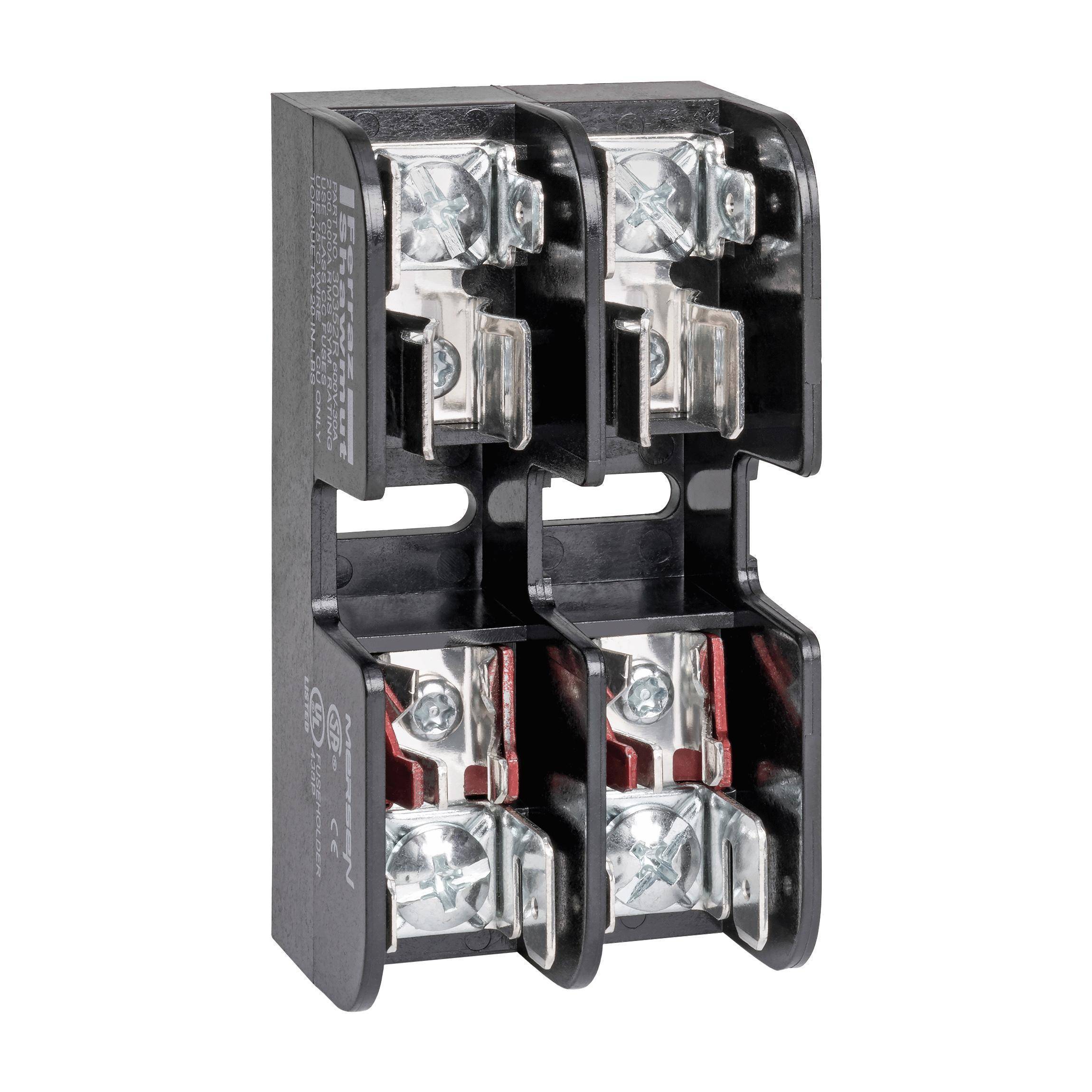 Mersen 30352R Open Style Fuse Block, 600 VAC/VDC, 30 A, 14 to 6 AWG Wire, 2 Poles