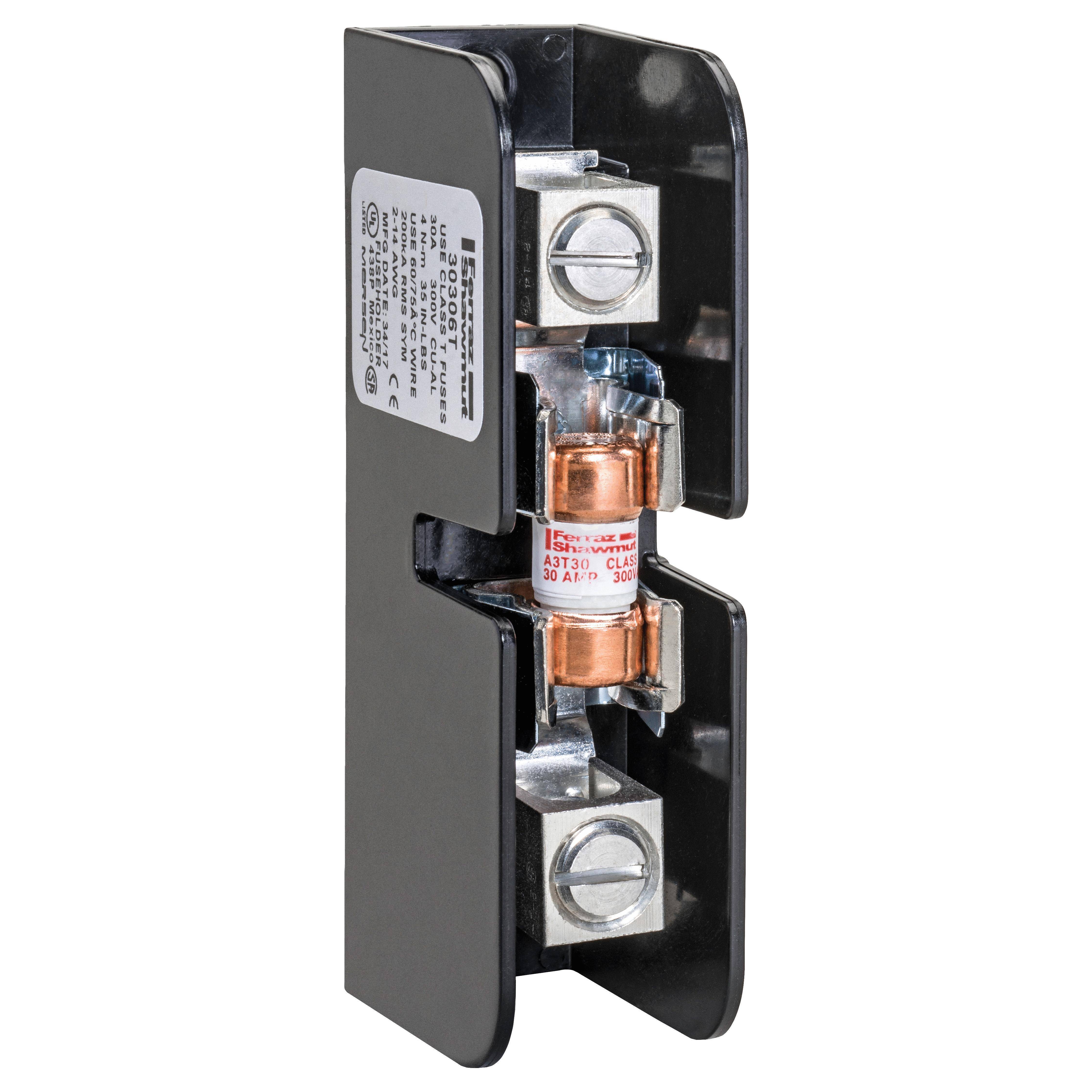 Mersen 30356T Open Style Fuse Block, 300 VAC/160 VDC, 30 A, Class: T, 14 to 4 AWG Wire, 1 Poles