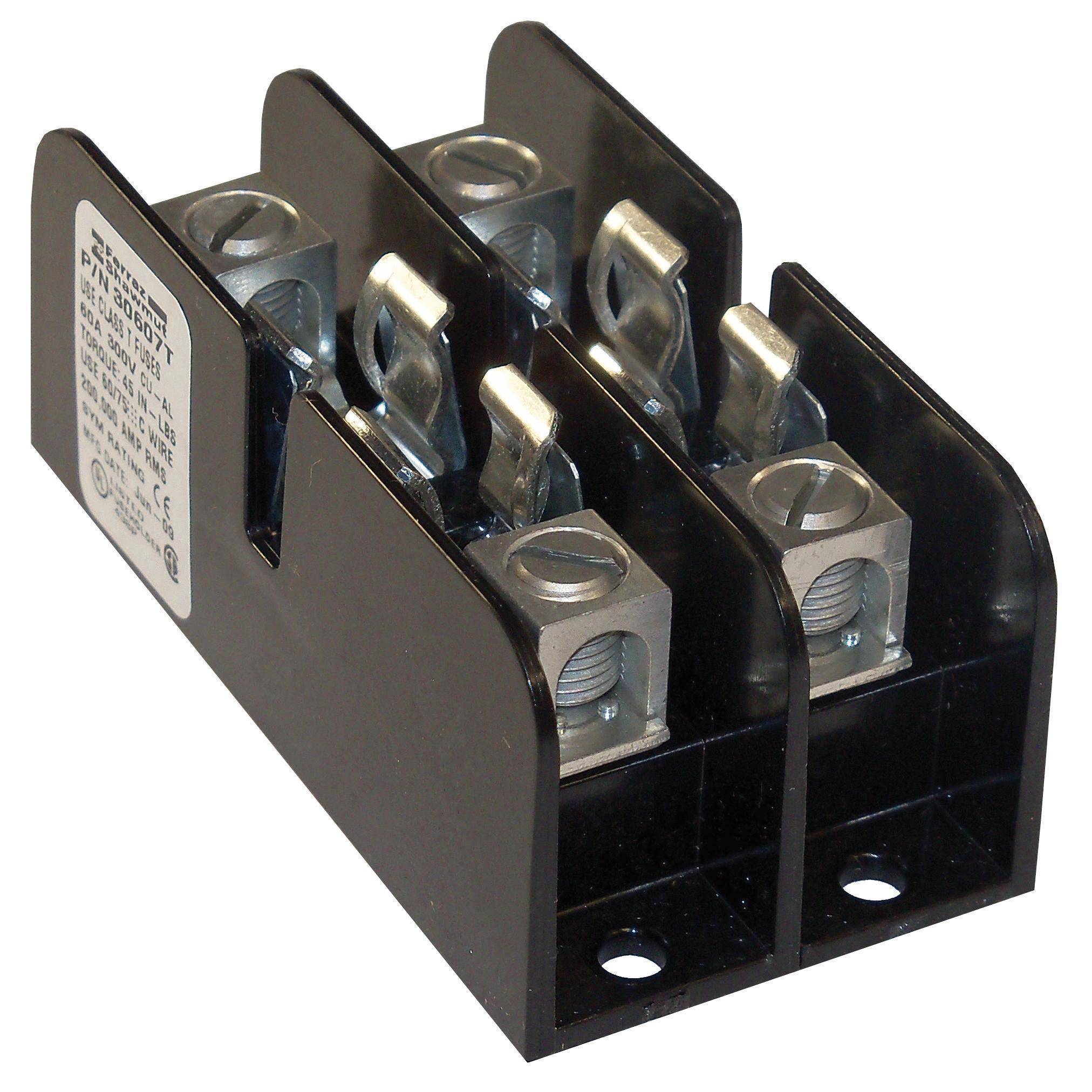 Mersen 30607T Open Style Fuse Block, 300 VAC/160 VDC, 60 A, Class: T, 14 to 2 AWG Wire, 2 Poles