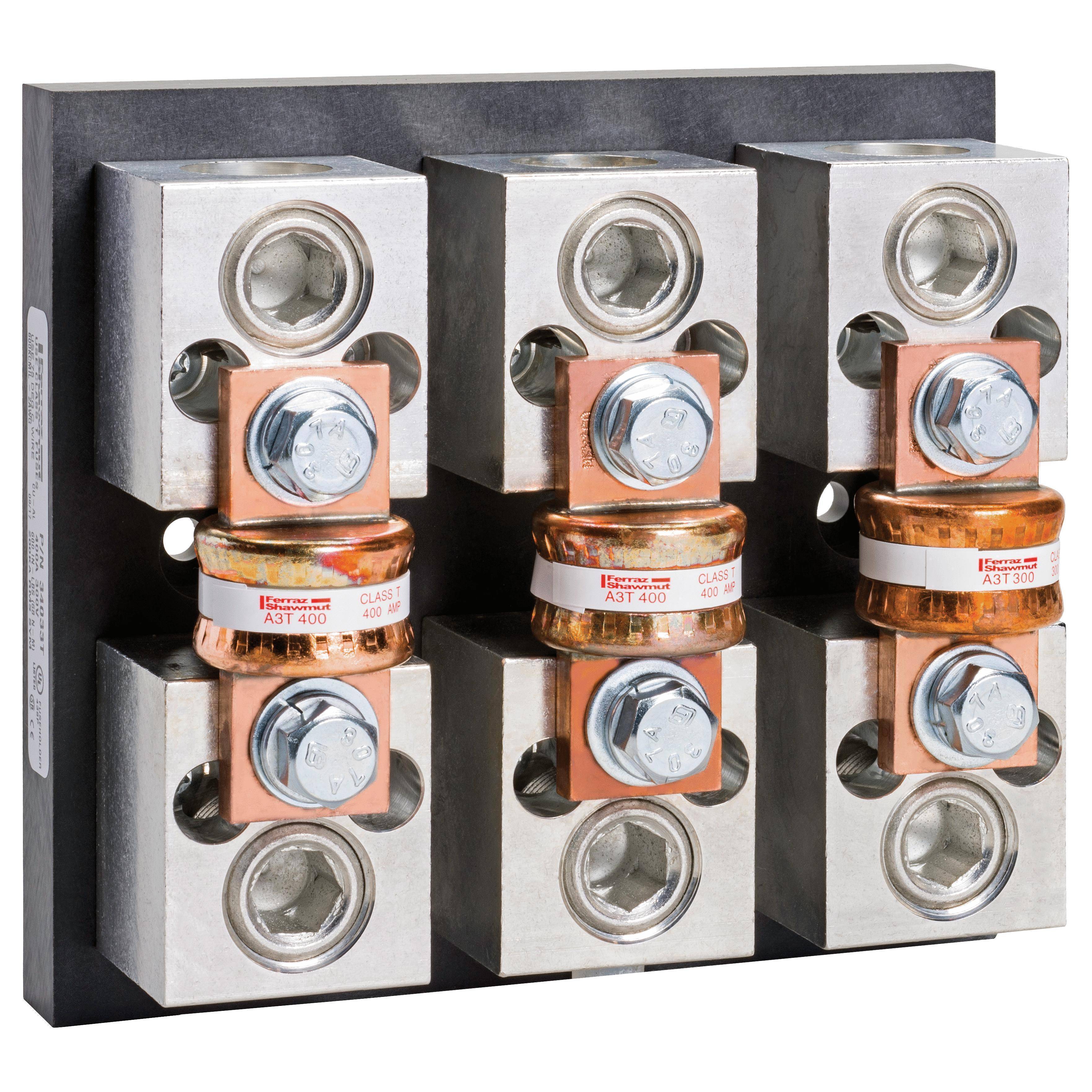 Mersen 34033T Open Style Fuse Block, 300 VAC/160 VDC, 400 A, Class: T, 2 AWG to 600 kcmil Wire, 3 Poles