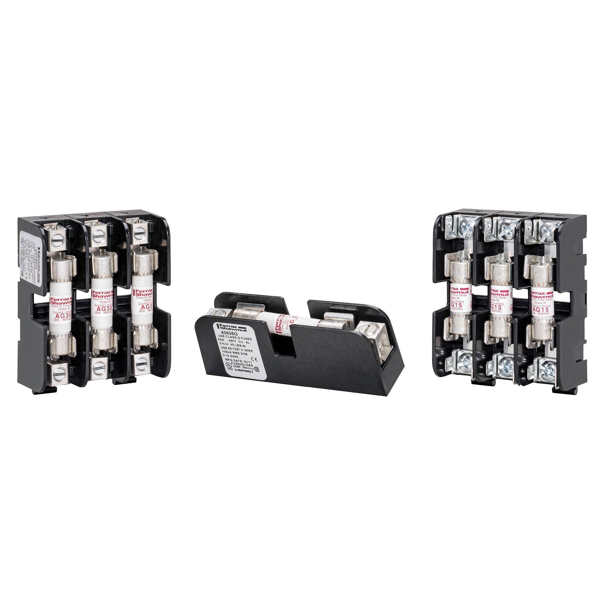 Mersen 40112G Open Style Fuse Block, 600 VAC, 15 A, Class: G, 14 to 10 AWG Wire, 2 Poles
