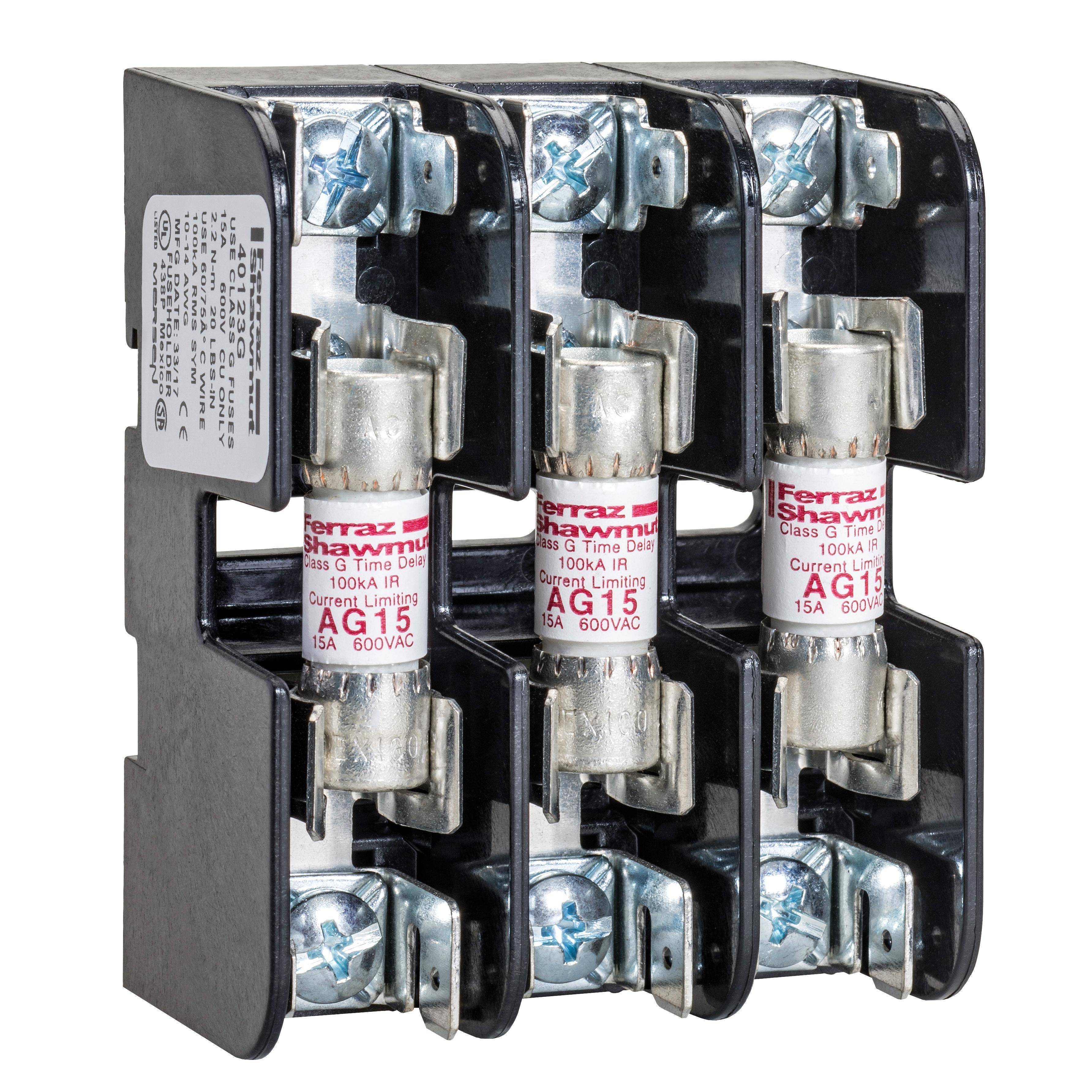 Mersen 40113G Open Style Fuse Block, 600 VAC, 15 A, Class: G, 14 to 10 AWG Wire, 3 Poles