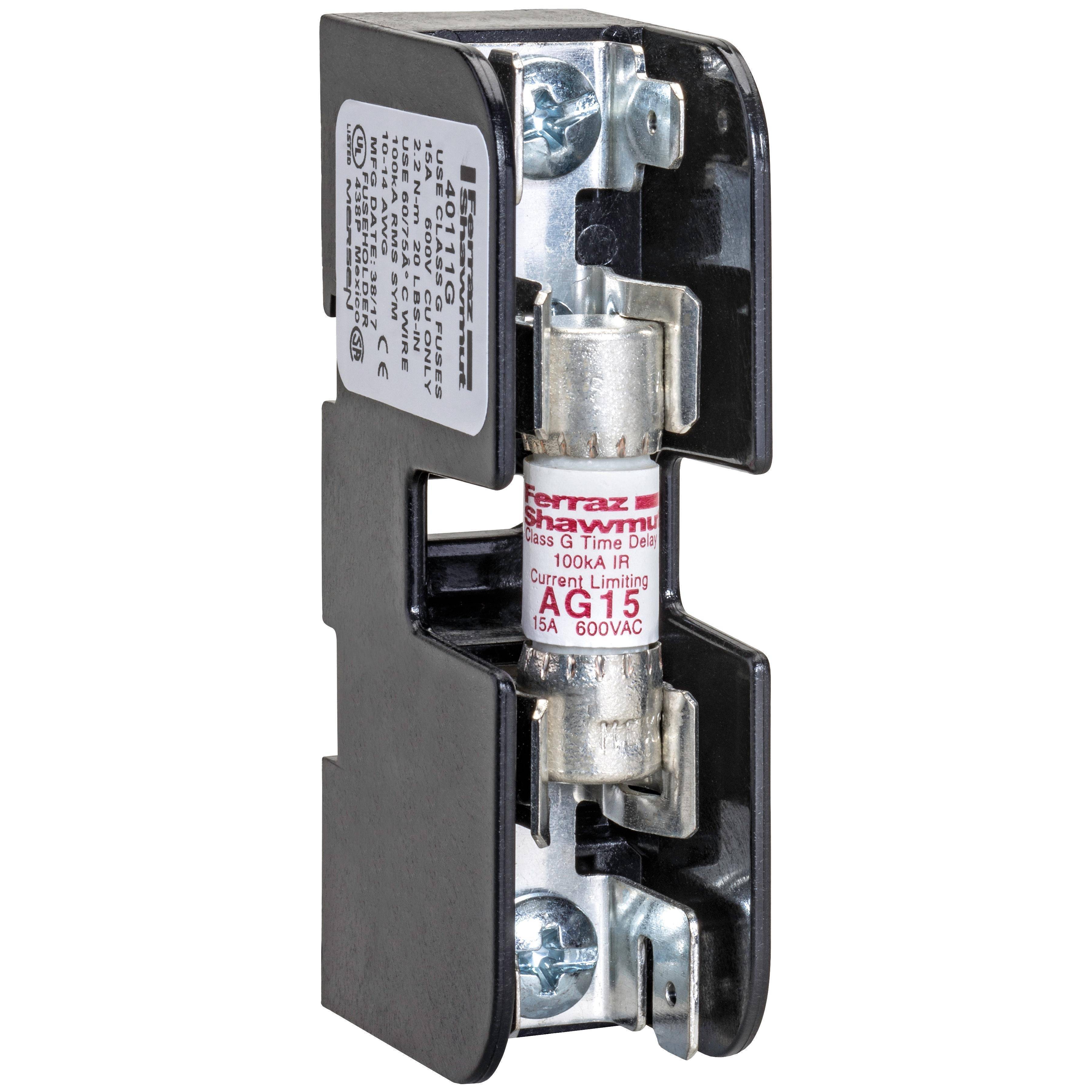 Mersen 40111G Open Style Fuse Block, 600 VAC, 15 A, Class: G, 14 to 10 AWG Wire, 1 Pole