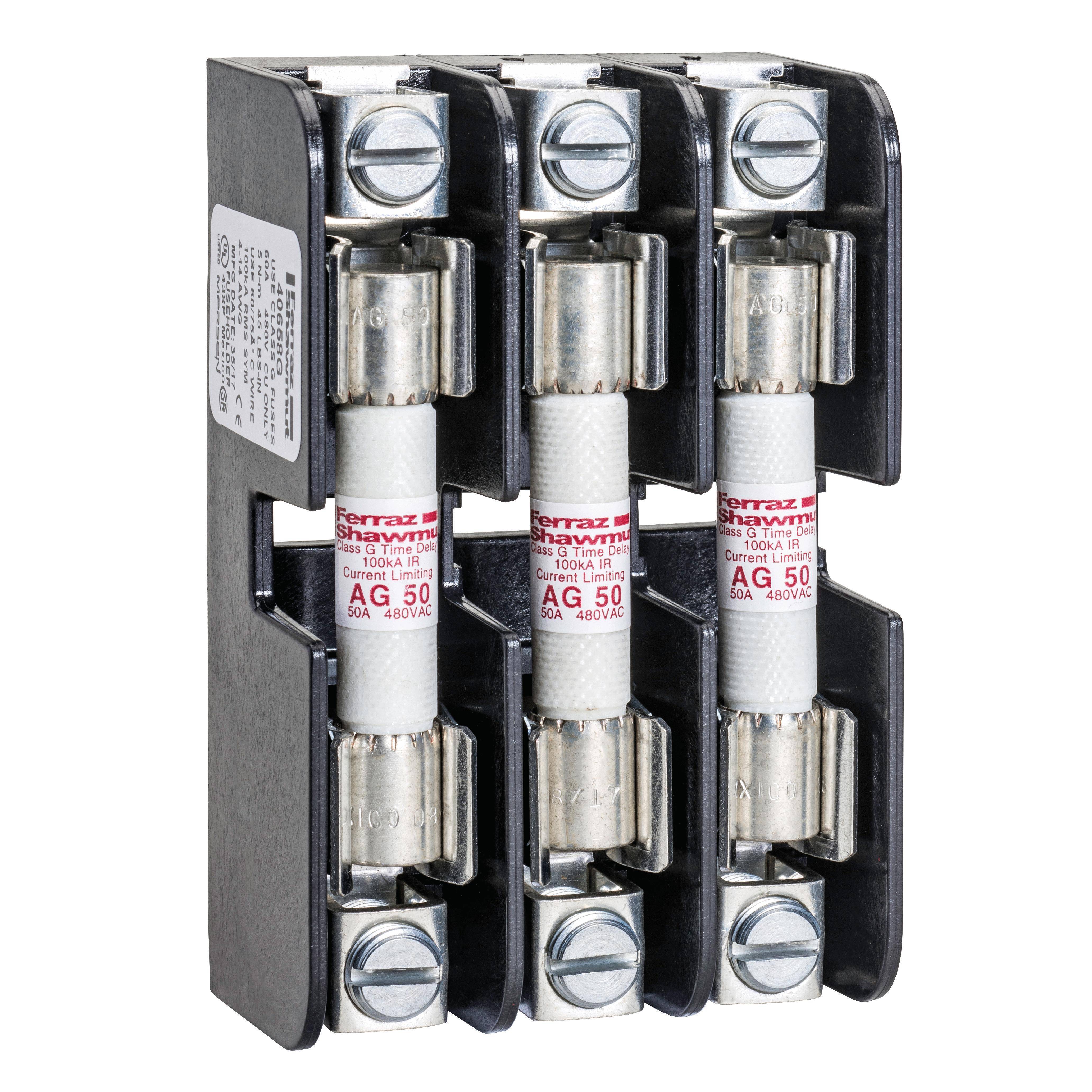Mersen 40658G Open Style Fuse Block, 480 VAC, 60 A, Class G, 14 to 4 AWG Wire, 3 Poles