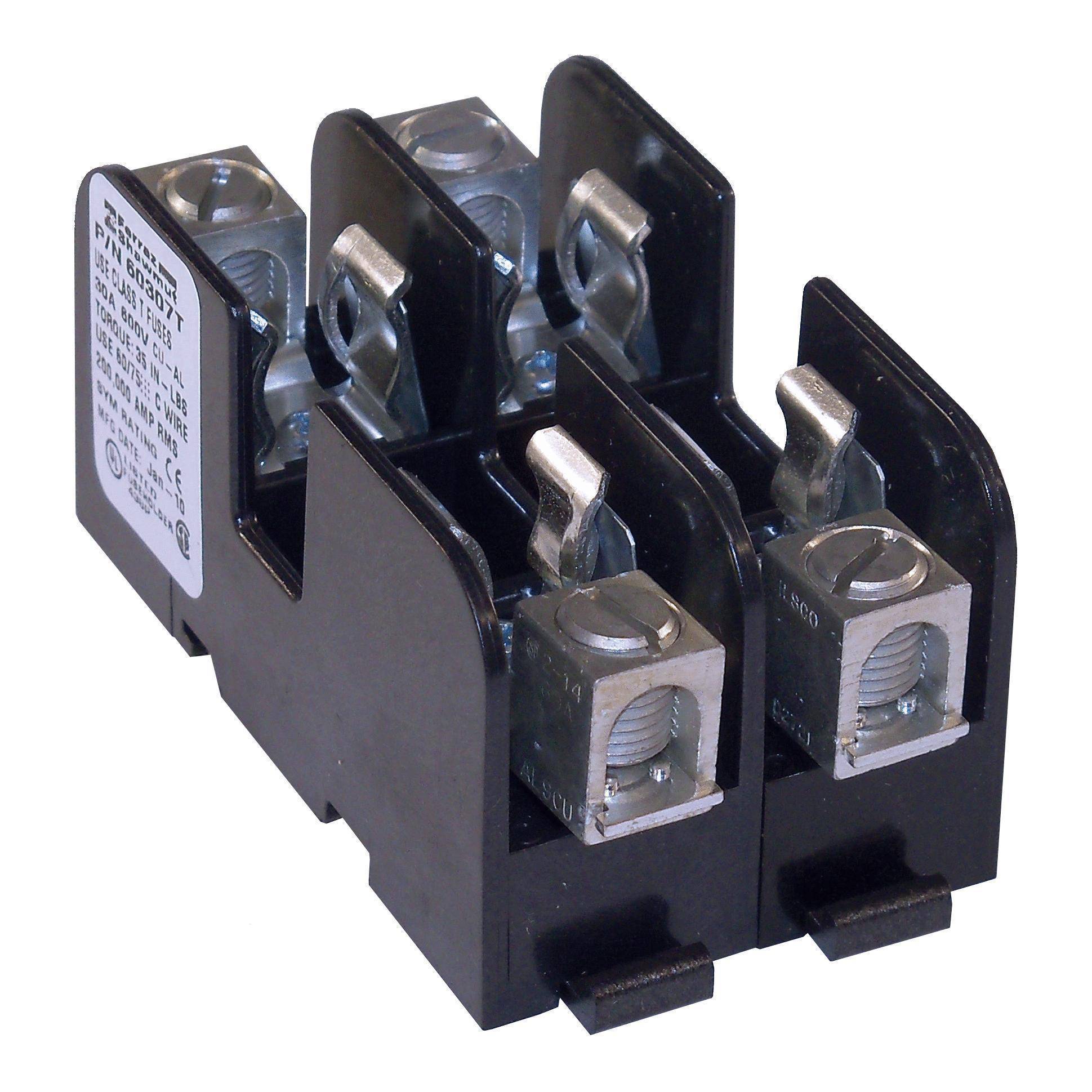 Mersen 60307T Open Style Fuse Block, 600 VAC/300 VDC, 30 A, Class: T, 14 to 2 AWG Wire, 2 Poles