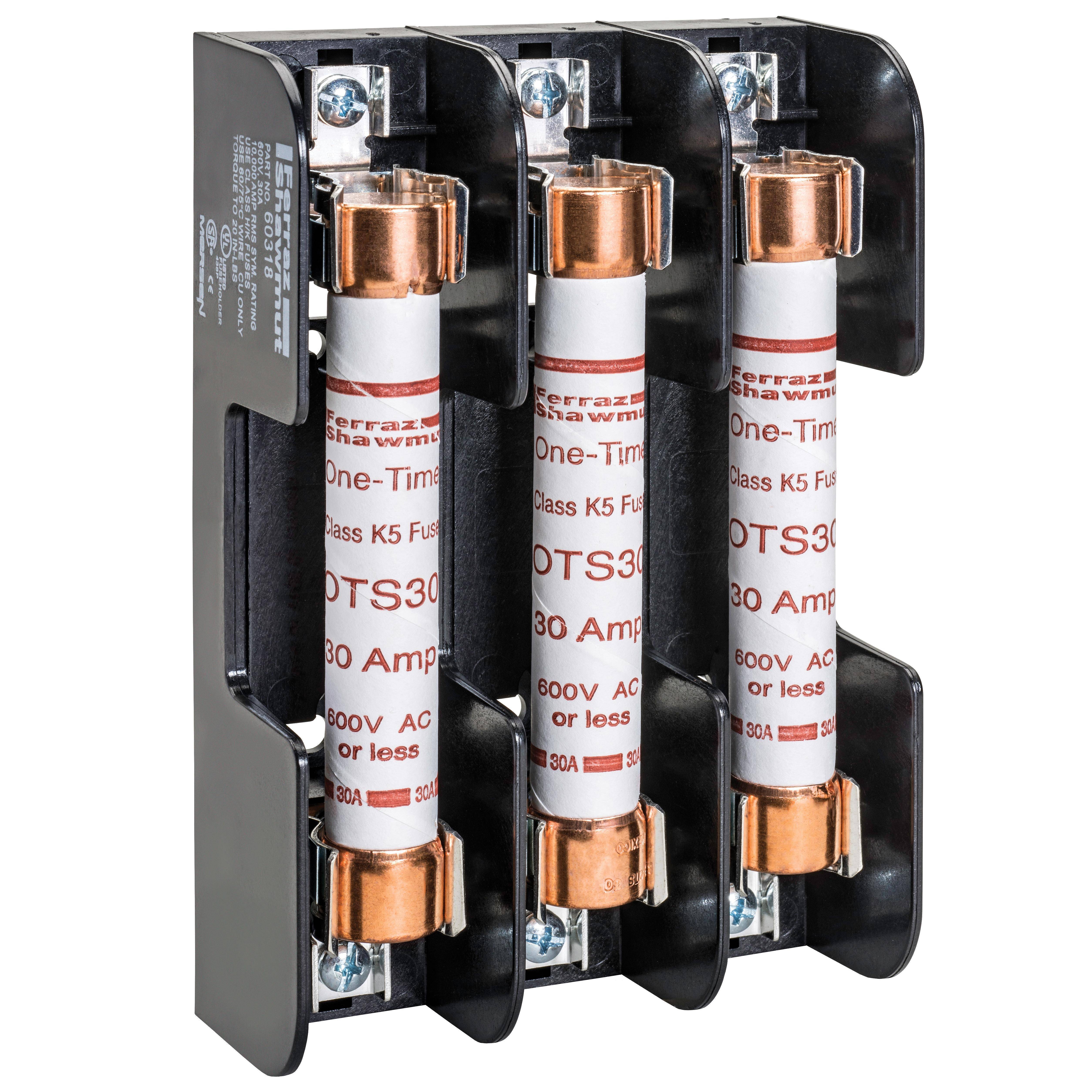 Mersen 60313 Open Style Fuse Block, 600 VAC/VDC, 30 A, Class: H/K, 14 to 10 AWG Wire, 3 Poles