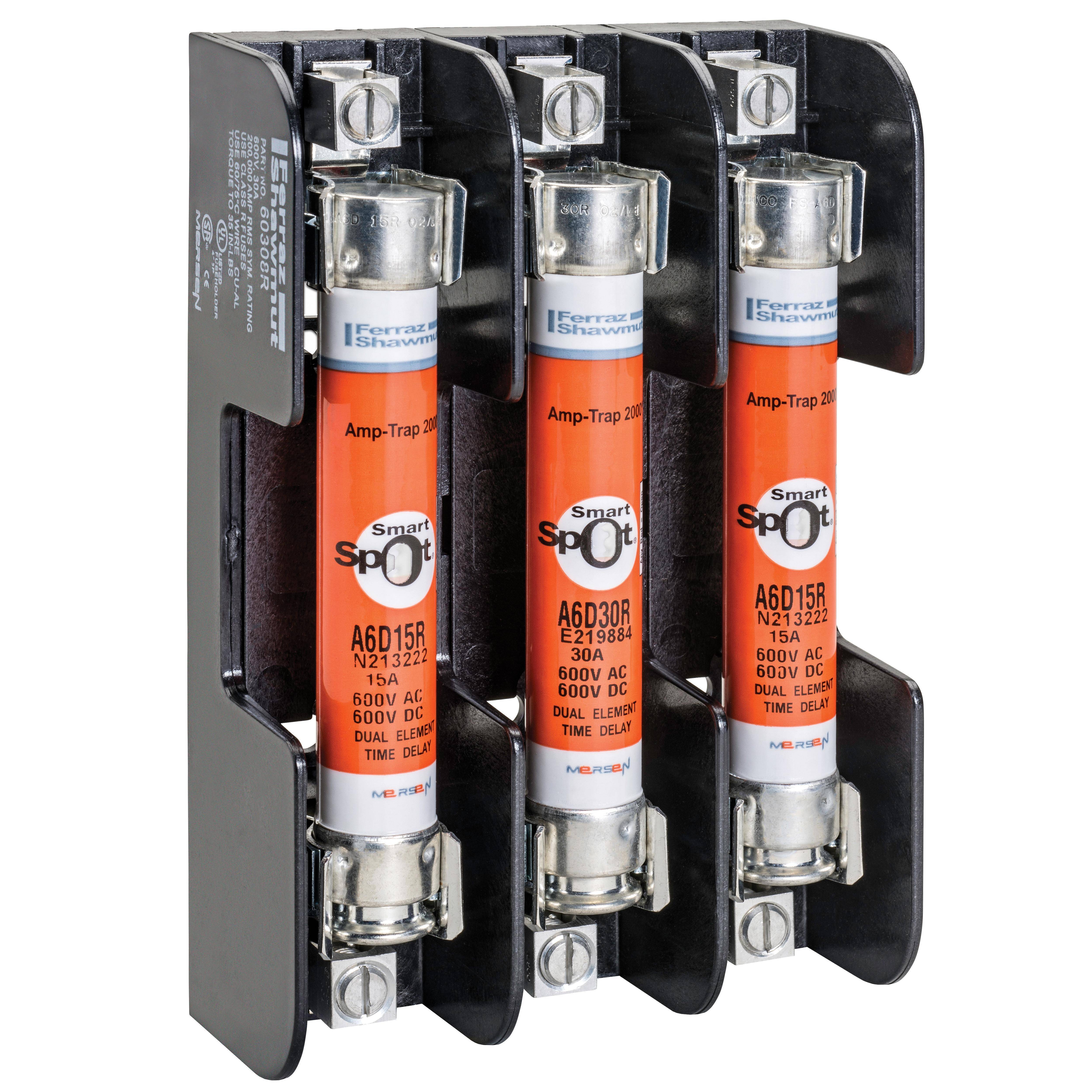 Mersen 60328R Open Style Fuse Block, 600 VAC/VDC, 30 A, Class R, 14 to 10 AWG Wire, 3 Poles