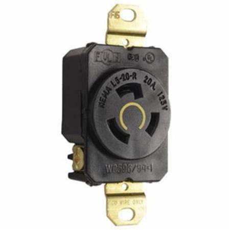 EATON Wiring Devices Arrow Hart™ L520R Single Locking Receptacle, 125 VAC, 20 A, 2 Poles, 3 Wires, Black