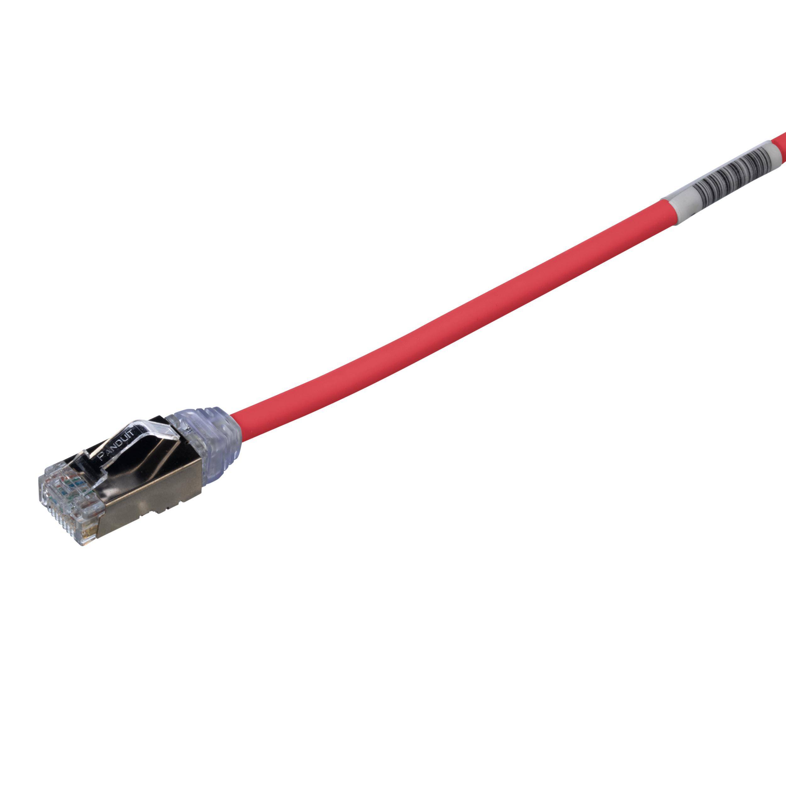 Panduit® PanNet® TX6A-28™ STP28X1MRD Class EA Small Diameter Patch Cord, Cat 6A, 28 AWG F/UTP Shielded Solid Copper Conductor, RJ45 Modular Plug Connector, 1 m L Cord, Red