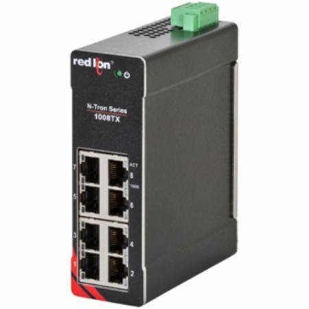 redlion® 1008TX Unmanaged Network Switch, 10/100/1000BaseTX Interface, (8) RJ45 10/100/1000BaseT(X) Port, 16 Gbps Memory