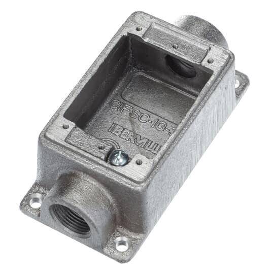 Iberville® CIFSC-1G-3/4 Type FSC Weatherproof Shallow Style Device Box, Cast Aluminum, 14 cu-in Capacity, 1 Gangs, 2 Outlets, 1 Knockouts, 4-5/16 in L x 2-13/16 in W x 1-7/8 in D