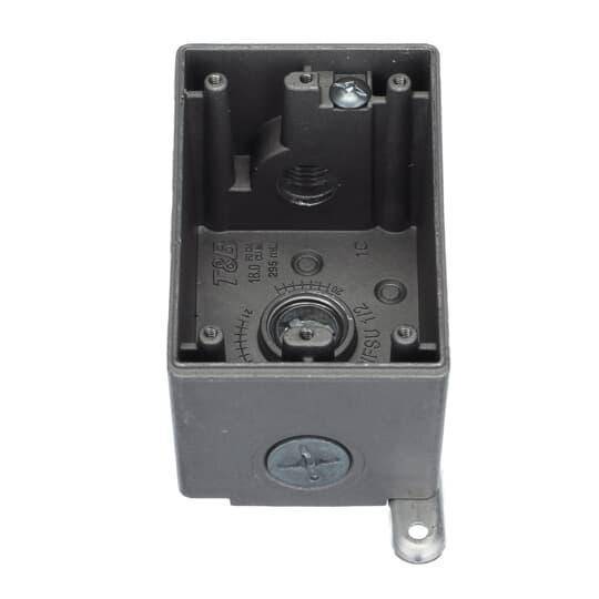Iberville® CIFSU-1/2 Type FSU Universal Weatherproof Shallow Style Device Box With Close Up Plug, Cast Aluminum, 18.5 cu-in Capacity, 1 Gangs, 2 Outlets, 3 Knockouts, 4-5/16 in L x 2-3/4 in W x 2-3/8 in D