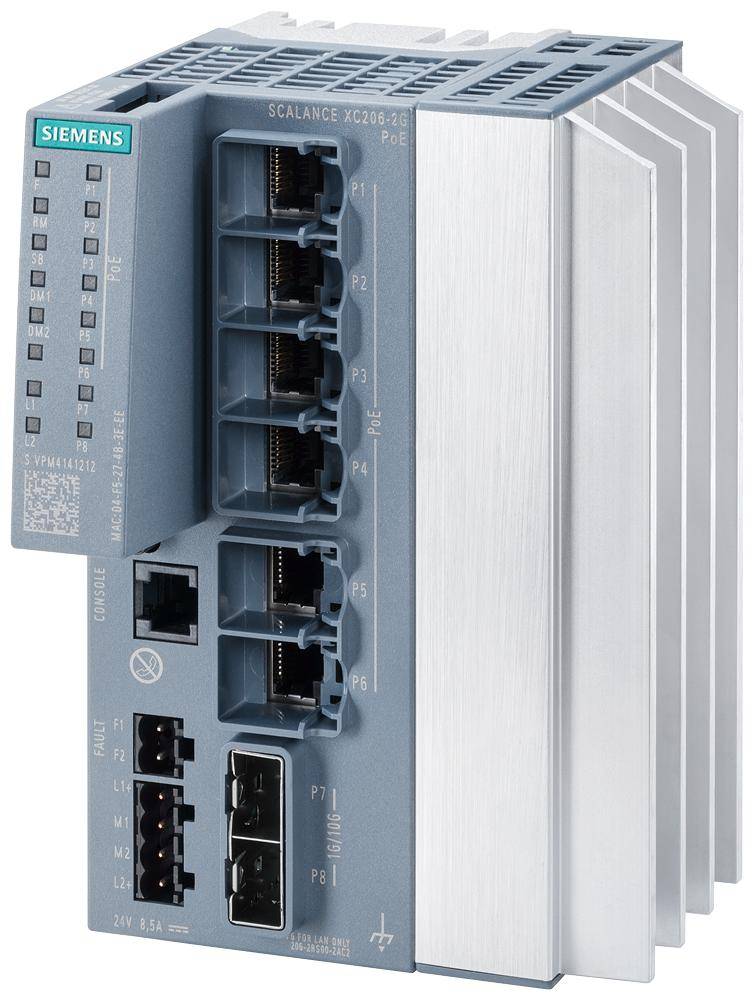 Siemens 6GK52062RS002AC2 2 Port Manageable PoE Switch, (6) 10/100/1000 Mbps, 10 Gbps Interface, RJ45 Port, Telnet/HTTP/HTTPS/TFTP/FTP/BOOTP/GMRP/DCP/LLDP/SNMP v1/SNMP v2/SNMP v3/IGMP Protocol