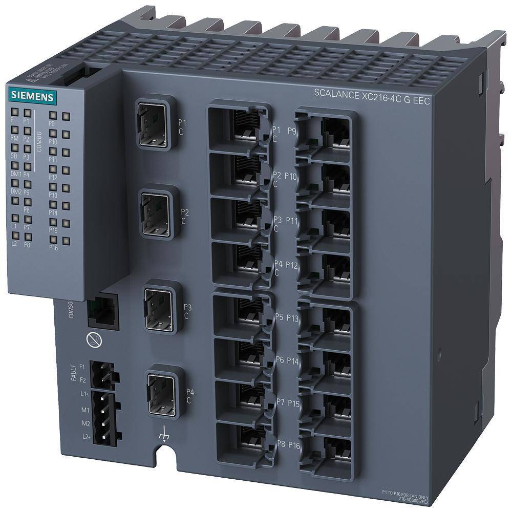 Siemens 6gk52164gs002fc2 XC216-4C Fully Managed IE Switch, (24) 100FX, (24) 10/100TX, (8) Gigabit Ethernet, (12) 10FL/100SX SC, ST, LC and MTRJ Pluggable Optics (SFP), (4) T1/E1 Cellular (EVDO/HSPA) Port