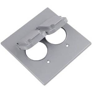 2-Gang, 4-5/8" x 4-9/16", Thomas & Betts Corporation 2CCS Weatherproof Device Box Cover, (2) 1.485" Dia Single Receptacle, Silver