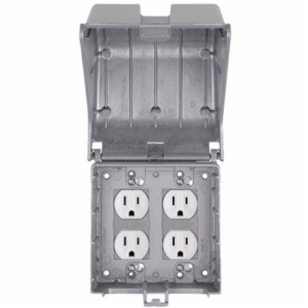 4.34" x 2-Gang, , Thomas & Betts Corporation 2CKU Red Dot®, Code Keeper® Weatherproof While-In Use Box Cover, 1-GFCI/Duplex Receptacle, Silver/Powder Coated