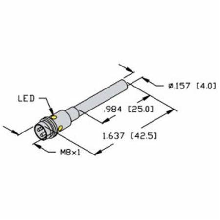 10 to 30 VDC, 4 MM Dia Smooth Barrel, Turck, Inc. 4602113 Uprox® Inductive Proximity Sensor, 1 MM Sensing Distance, 3-Wire DC PNP/NO Output