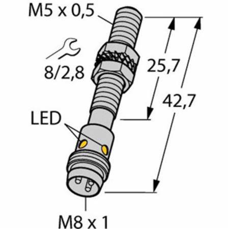 10 to 30 VDC, 5 MM Dia Barrel, Turck Inc. S4608640 Inductive Sensor, 1 MM Sensing Distance, NO/PNP Output