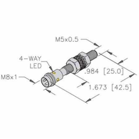 10 to 30 VDC, 5 MM Dia Barrel, Turck Inc. S4608640 Inductive Sensor, 1 MM Sensing Distance, NO/PNP Output