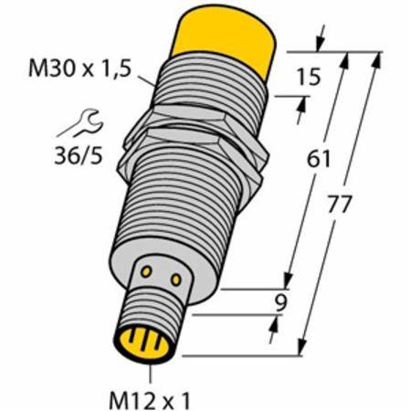 10 to 30 VDC, 30 MM Dia Barrel, Turck Inc. T4618690 Inductive Sensor, 15 MM Sensing Distance, NO/NPN Output