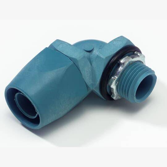 T&B® 6323 Conduit Connector With Captive Sealing O-Ring, Tapered Hub Thread, 3/4 in Trade, 90 deg, Thermoplastic, Electro-Zinc Plated