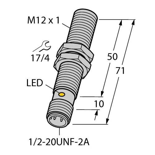 Turck 1304032 Embeddable Threaded Metal Barrel Shielded Inductive Sensor, 2-Wire AC/DC Output, NO Contact, 20 to 250 VAC/10 to 300 VDC