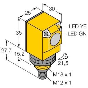10 to 30 VDC, Turck, Inc. Q25SP6FF100Q Photoelectric Sensor, 0 to 100 MM Sensing Distance, 4-Pin M12 x 1 Male Connector