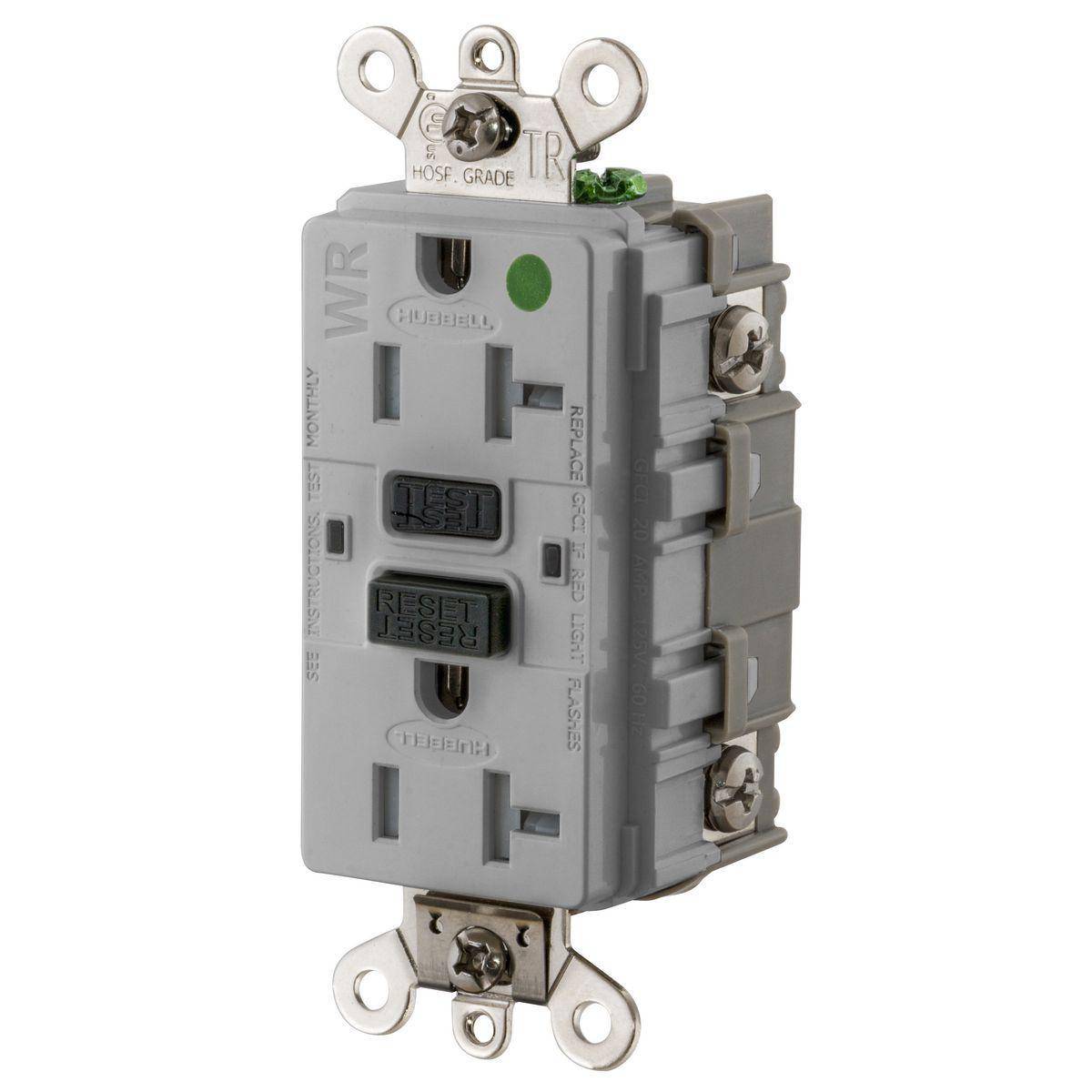 Wiring Device-Kellems GF8300SGGY Hospital Grade Tamper-Resistant/Weather-Resistant Extra Heavy Duty GFCI Receptacle, 125 VAC, 20 A, Gray