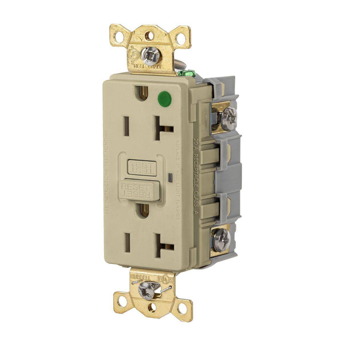 WIRING DEVICE-KELLEMS GFR83I Heavy Duty GFCI Receptacle, 125 VAC, 20 A, 2 Poles, 3 Wires, Ivory