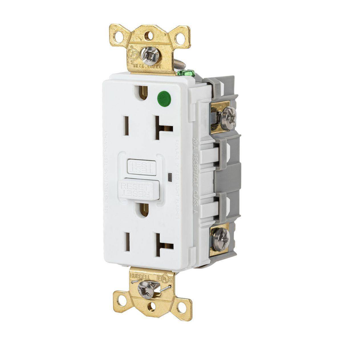 WIRING DEVICE-KELLEMS GFR83W Heavy Duty GFCI Receptacle, 125 VAC, 20 A, 2 Poles, 3 Wires, White
