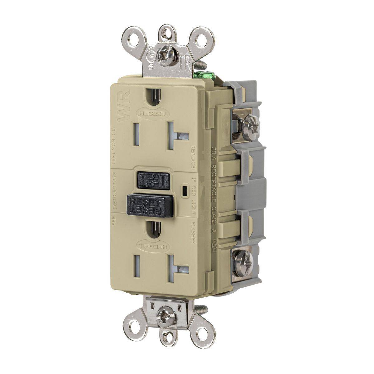 WIRING DEVICE-KELLEMS GFSG5362I Extra Heavy Duty GFCI Receptacle, 125 VAC, 20 A, Ivory