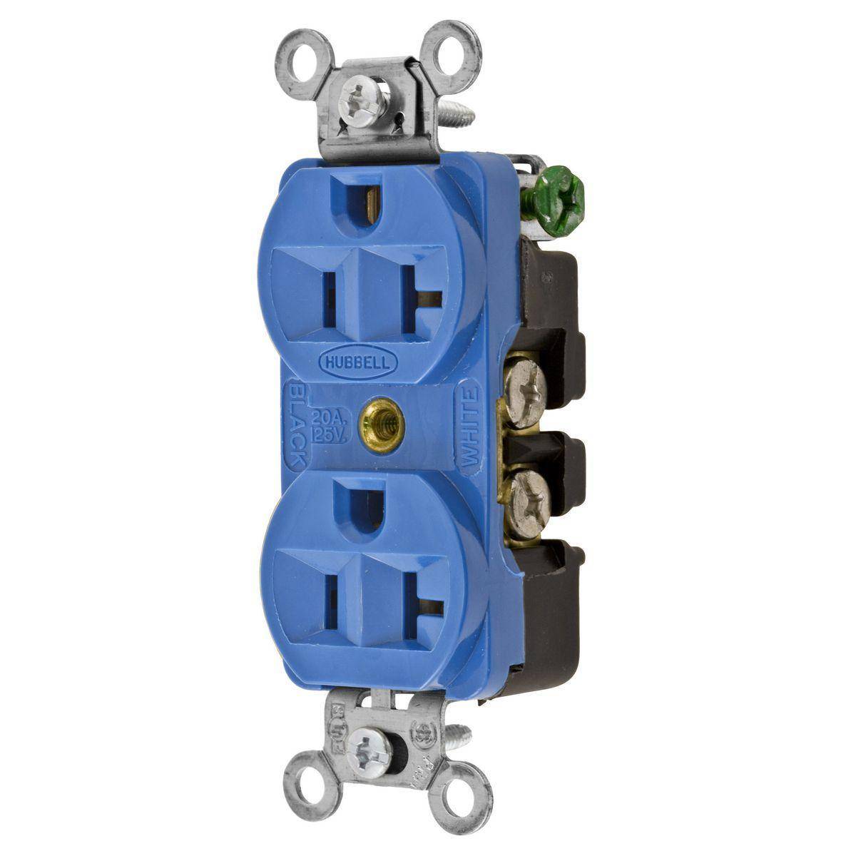 EATON Arrow Hart® 5362BL 5362 Duplex Grounding Straight Blade Receptacle, 125 VAC, 20 A, 2 Poles, 3 Wires, Blue