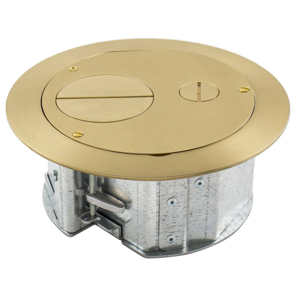 Wiring Device-Kellems SystemOne™ AFBS1R6FFBRS Furniture Feed Floor Box With Plated Brushed Brass Coated Cover, Composite, 3 Knockouts, 7.53 in L