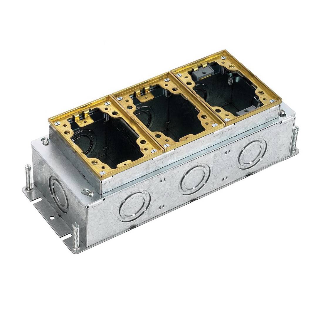 Wiring Device-Kellems B2433 Deep Fully Adjustable Standard Sized Floor Box, Stamped Steel, 50.8 cu-in/Gang Capacity, 3 Gangs, 10 Knockouts, 4.81 in L x 12.5 in W x 3.72 in H