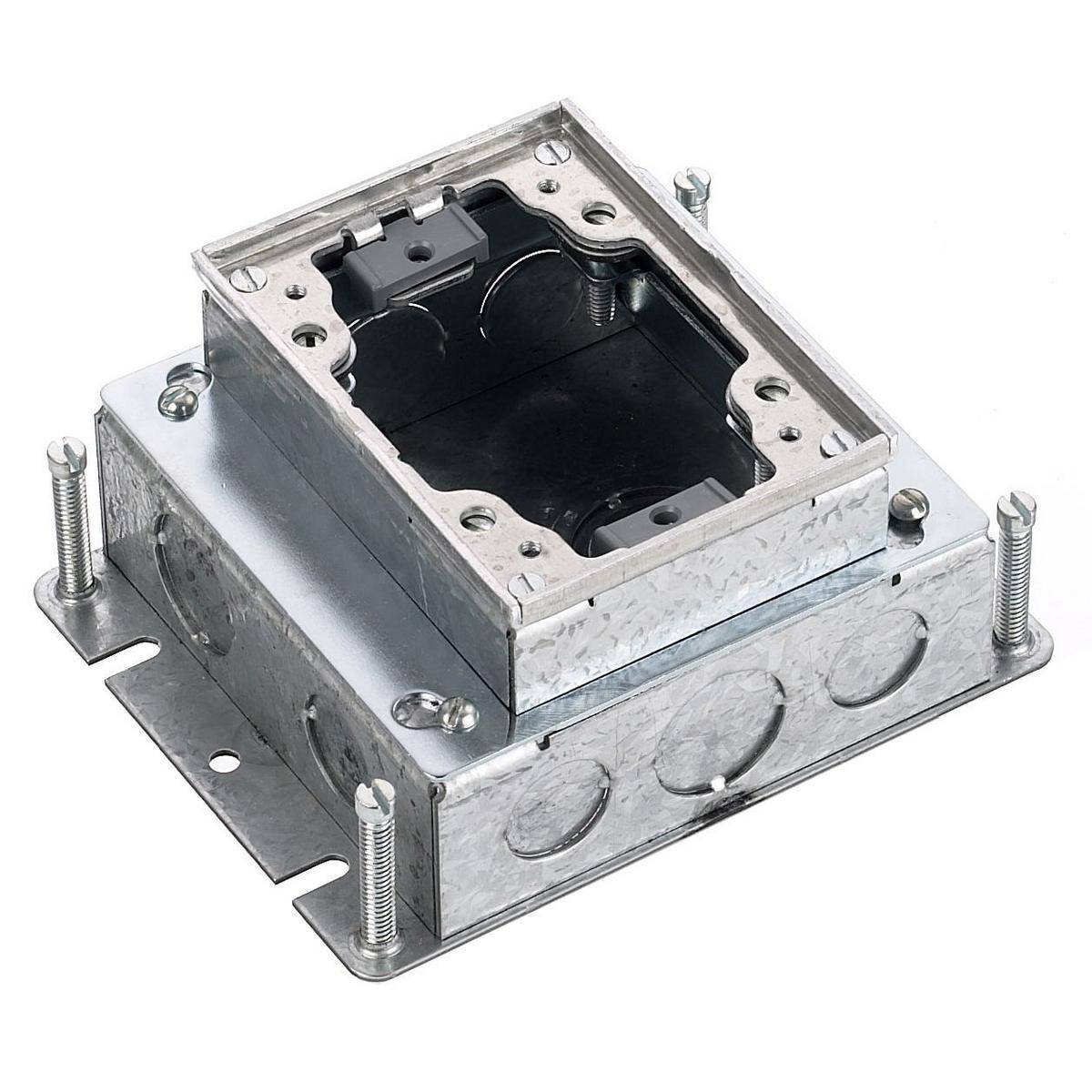 PREMISE WIRING BA2421 Fully Adjustable Shallow Concrete Floor Box, Stamped Steel, 39.5 cu-in Capacity, 1 Gangs, 8 Knockouts, 6 in L x 4.81 in W x 2.74 in H