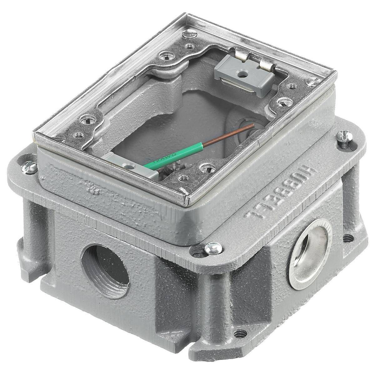 Wiring Device-Kellems BA243641 Deep Fully Adjustable Concrete Floor Box With Aluminum Flange, Cast Iron, 33 cu-in Capacity, 2 Gangs, 6 Knockouts, 4.84 in L x 8.06 in W x 3.38 in H
