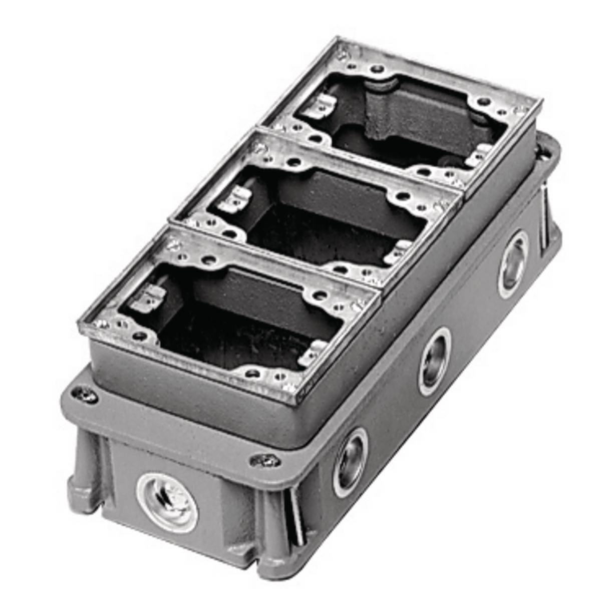 Wiring Device-Kellems BA433361 Deep Version Fully Adjustable Standard Concrete Floor Box With Aluminum Flange, Cast Iron, 34.8 cu-in/Gang Capacity, 3 Gangs, 8 Knockouts, 4.9 in L x 11.41 in W x 3.38 in H