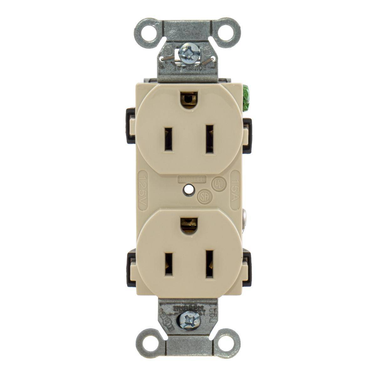 Eaton Wiring Devices Arrow Hart® Cooper Wiring Devices BR15LA Auto Grounding Duplex Straight Blade Receptacle, 125 VAC, 15 A, 2 Poles, 3 Wires, Light Almond