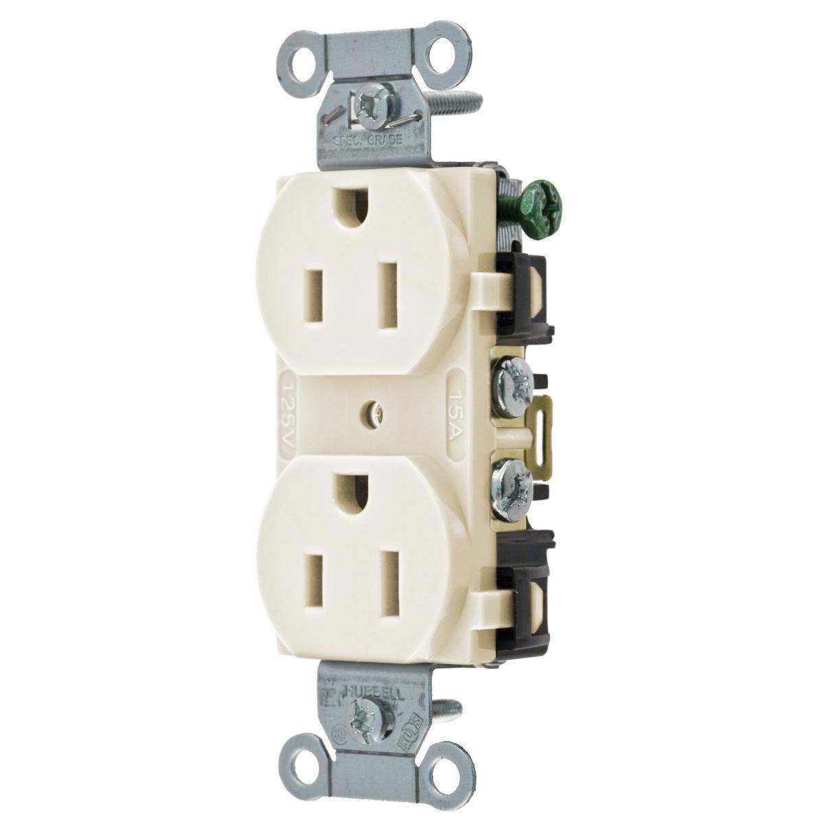 Eaton Wiring Devices Arrow Hart® Cooper Wiring Devices BR15LA Auto Grounding Duplex Straight Blade Receptacle, 125 VAC, 15 A, 2 Poles, 3 Wires, Light Almond