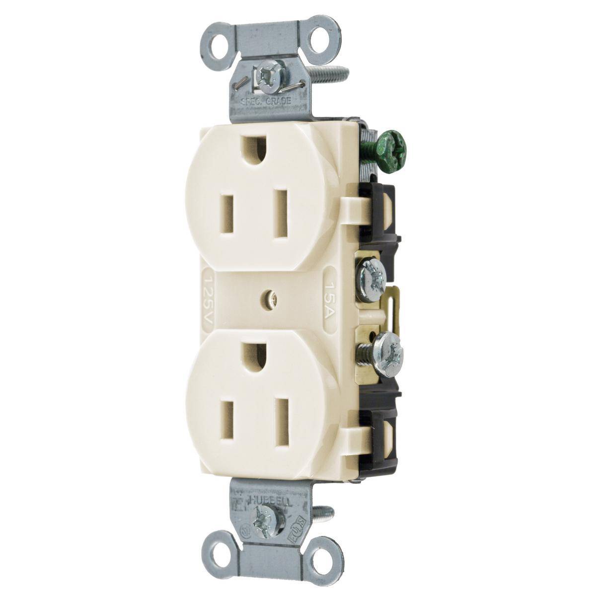 EATON Arrow Hart™ Eaton Wiring Devices CR15LA CR15 Duplex Tamper-Resistant Straight Blade Receptacle, 125 VAC, 15 A, 2 Poles, 3 Wires, Light Almond