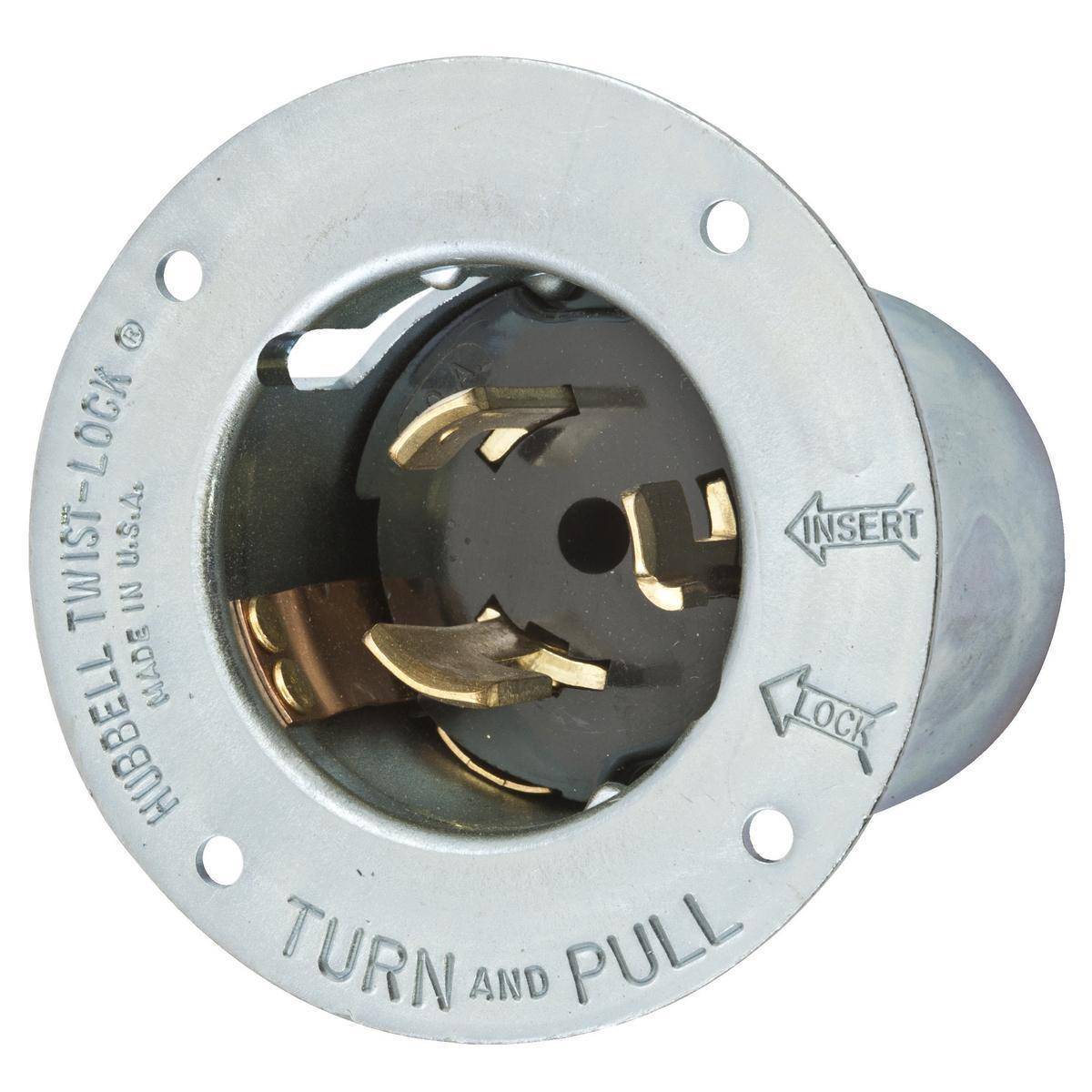 EATON Hart-Lock® CS6377 Locking Flanged Inlet, 125 VAC, 50 A, 2 Poles, 3 Wires, Steel