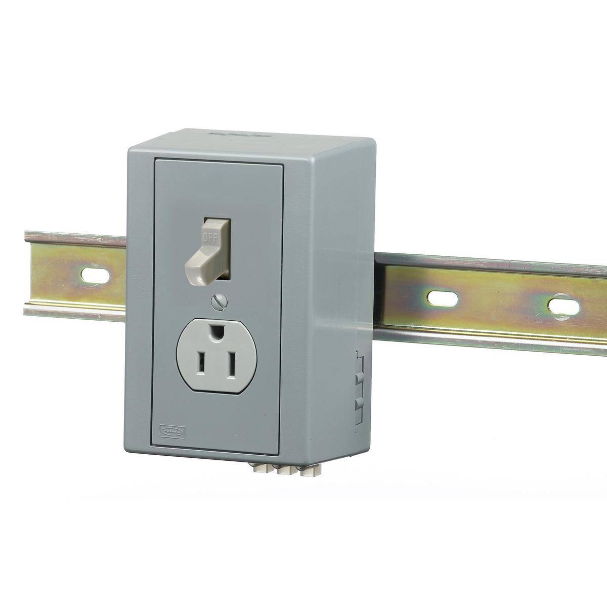Hubbell® DRUB6404 Combo Switch Receptacle Din Rail Utility Box, 15 A, 125 VAC, 0.5 hp, 2 Poles, 3 Wires