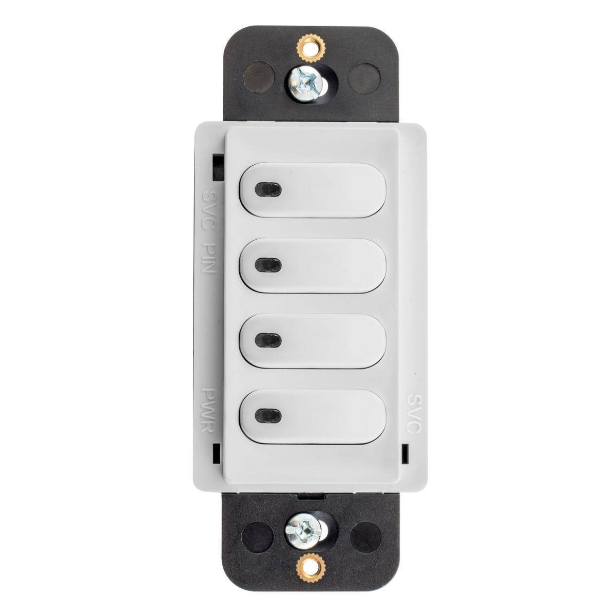 Wiring Device-Kellems DSM30W4P 4-Button Low Voltage Standard Decorator Rocker Switch With LED Pilot Light, 30 VDC, 100 mA, 1 Pole, Momentary/On Operation, White