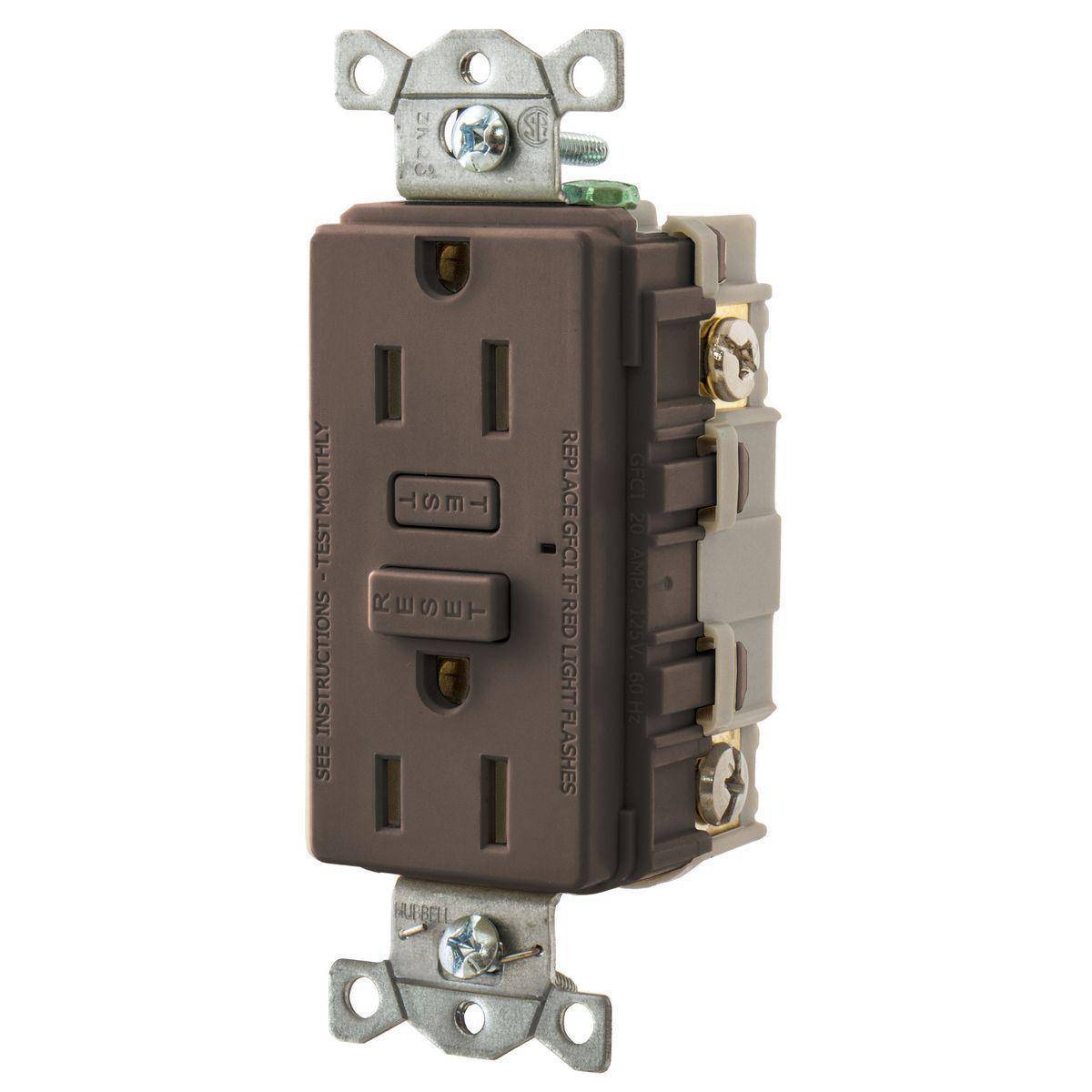 Bryant Electric CIRCUITPRO® GF15 Duplex Grounding Heavy Duty Self-Test Standard GFCI Receptacle, 125 VAC, 15 A, 2 Poles, 3 Wires, Brown