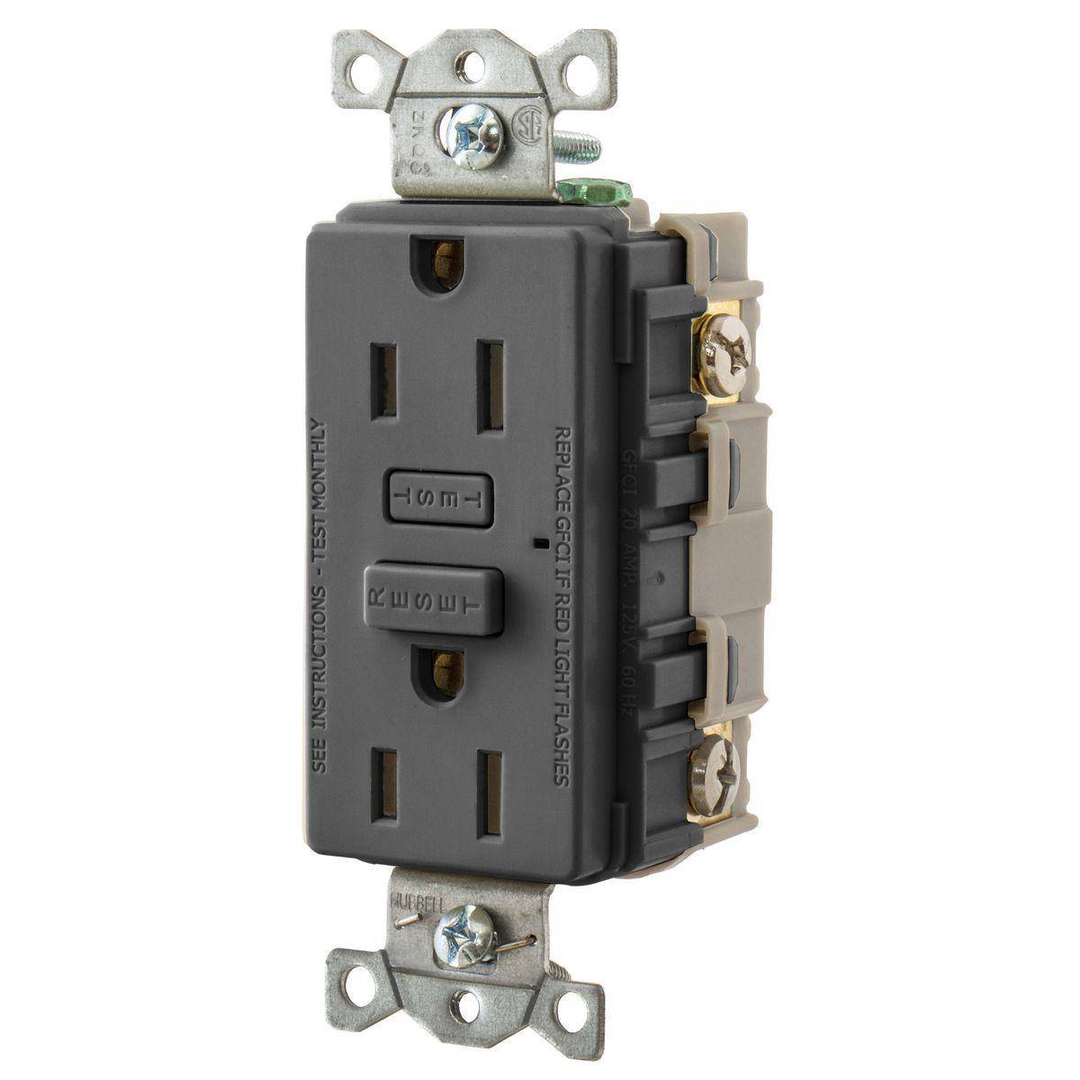 Bryant Electric CIRCUITPRO® GF15BK Duplex Grounding Heavy Duty Self-Test Standard GFCI Receptacle, 125 VAC, 15 A, 2 Poles, 3 Wires, Black