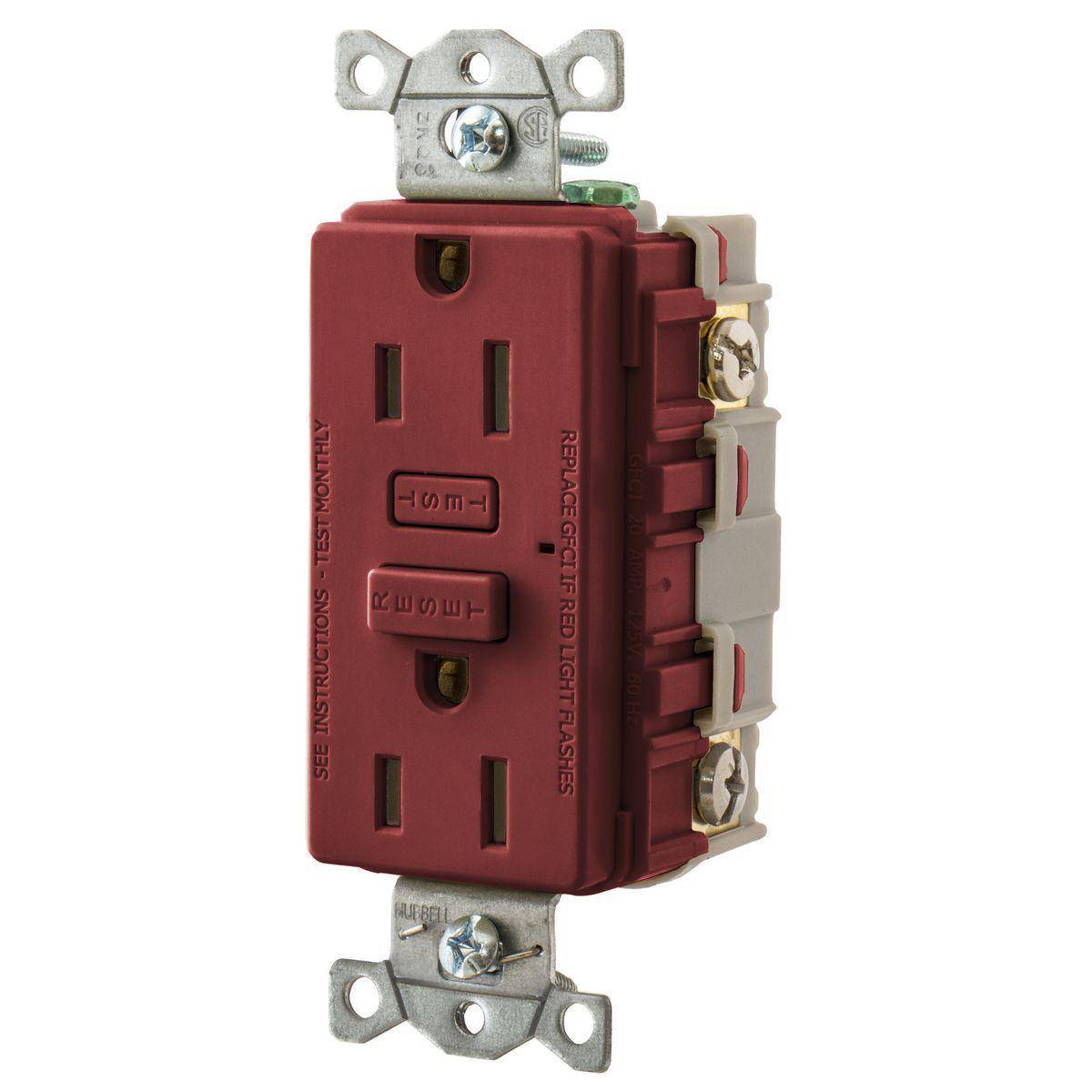 Bryant Electric CIRCUITPRO® GF15R Duplex Grounding Heavy Duty Self-Test Standard GFCI Receptacle, 125 VAC, 15 A, 2 Poles, 3 Wires, Red