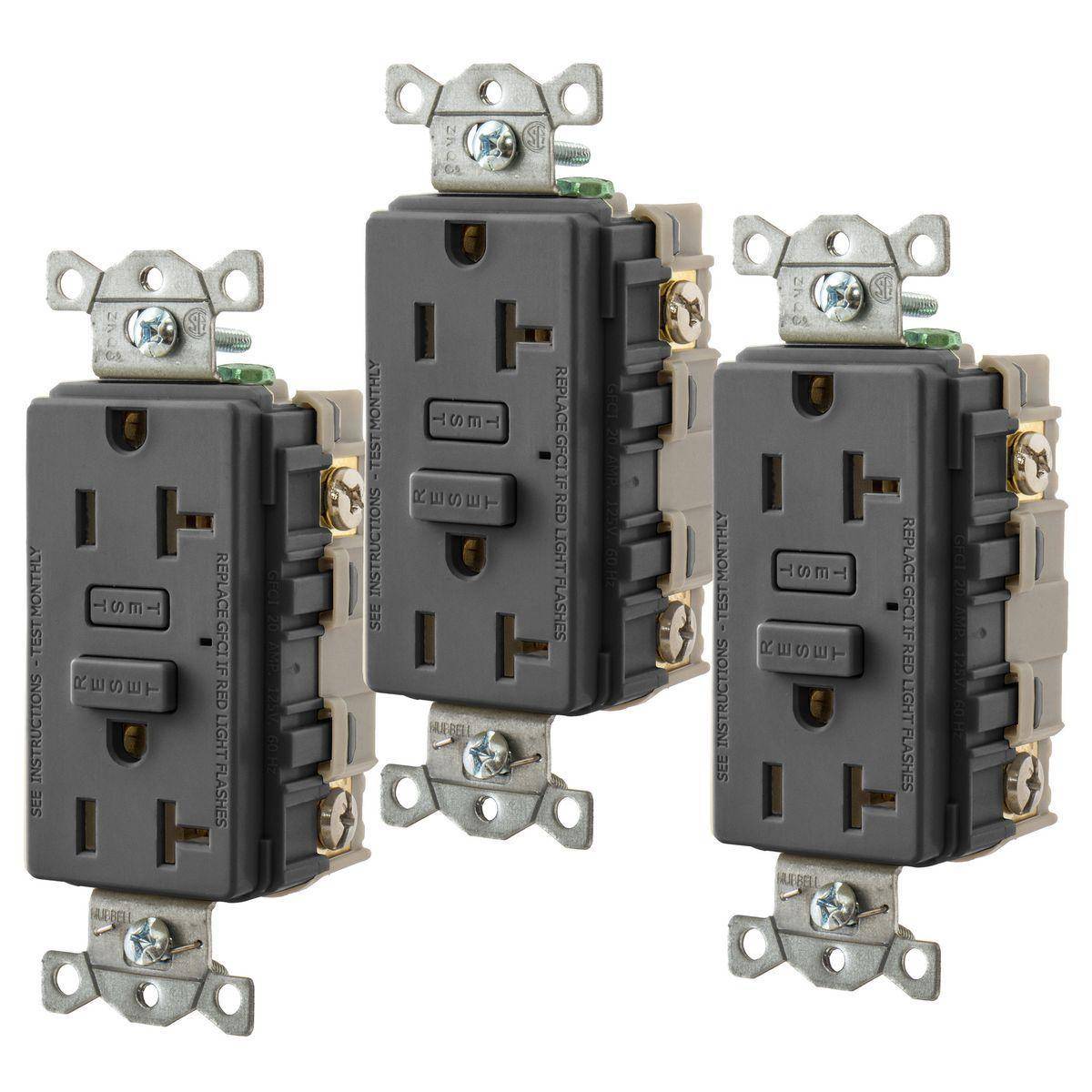 Bryant Electric CIRCUITPRO® GF20BK3 Duplex Grounding Heavy Duty Self-Test Standard GFCI Receptacle, 125 VAC, 20 A, 2 Poles, 3 Wires, Black