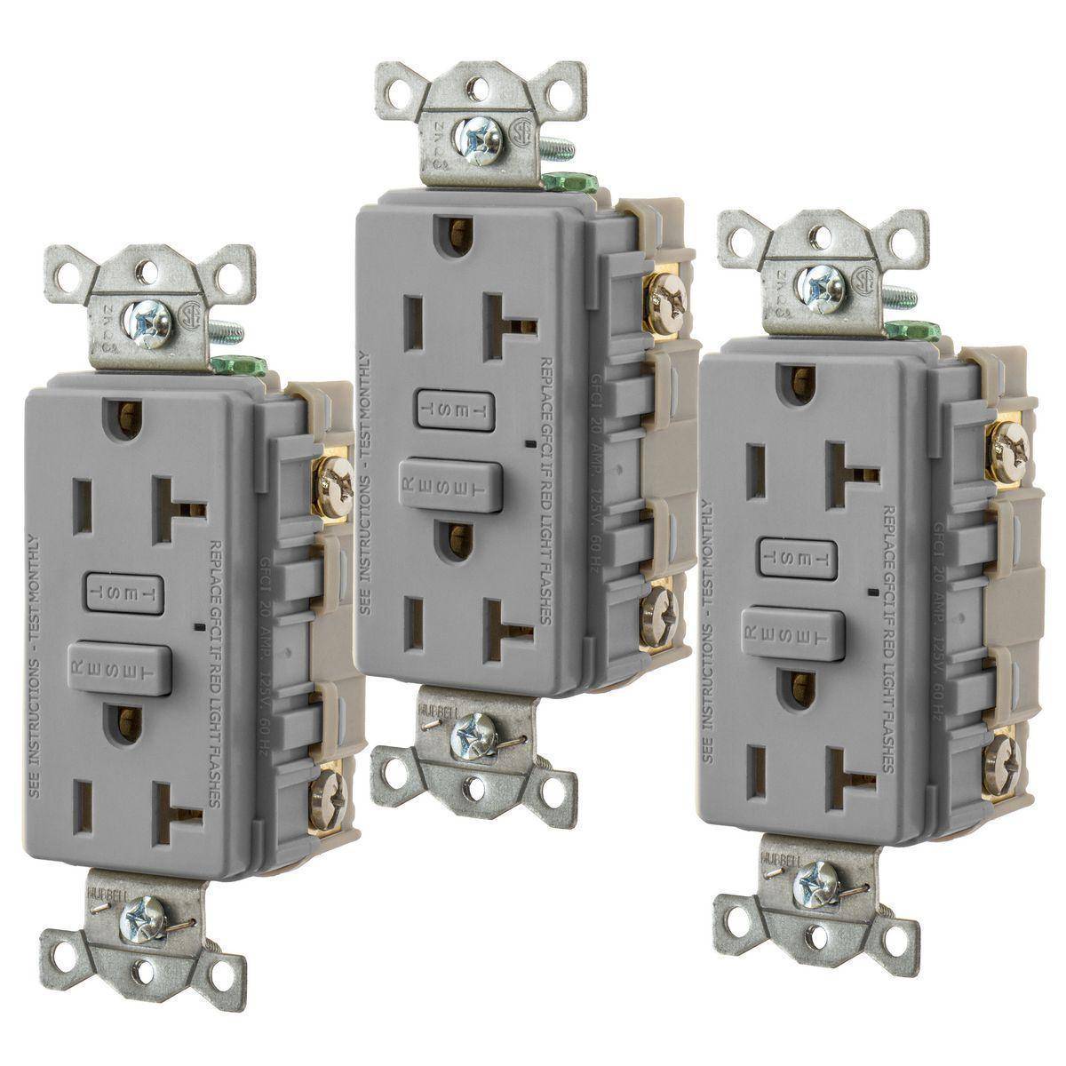 Wiring Device-Kellems Hubbell-PRO GF20GY3 Duplex Standard GFCI Receptacle, 125 VAC, 20 A, 2 Poles, 3 Wires, Gray