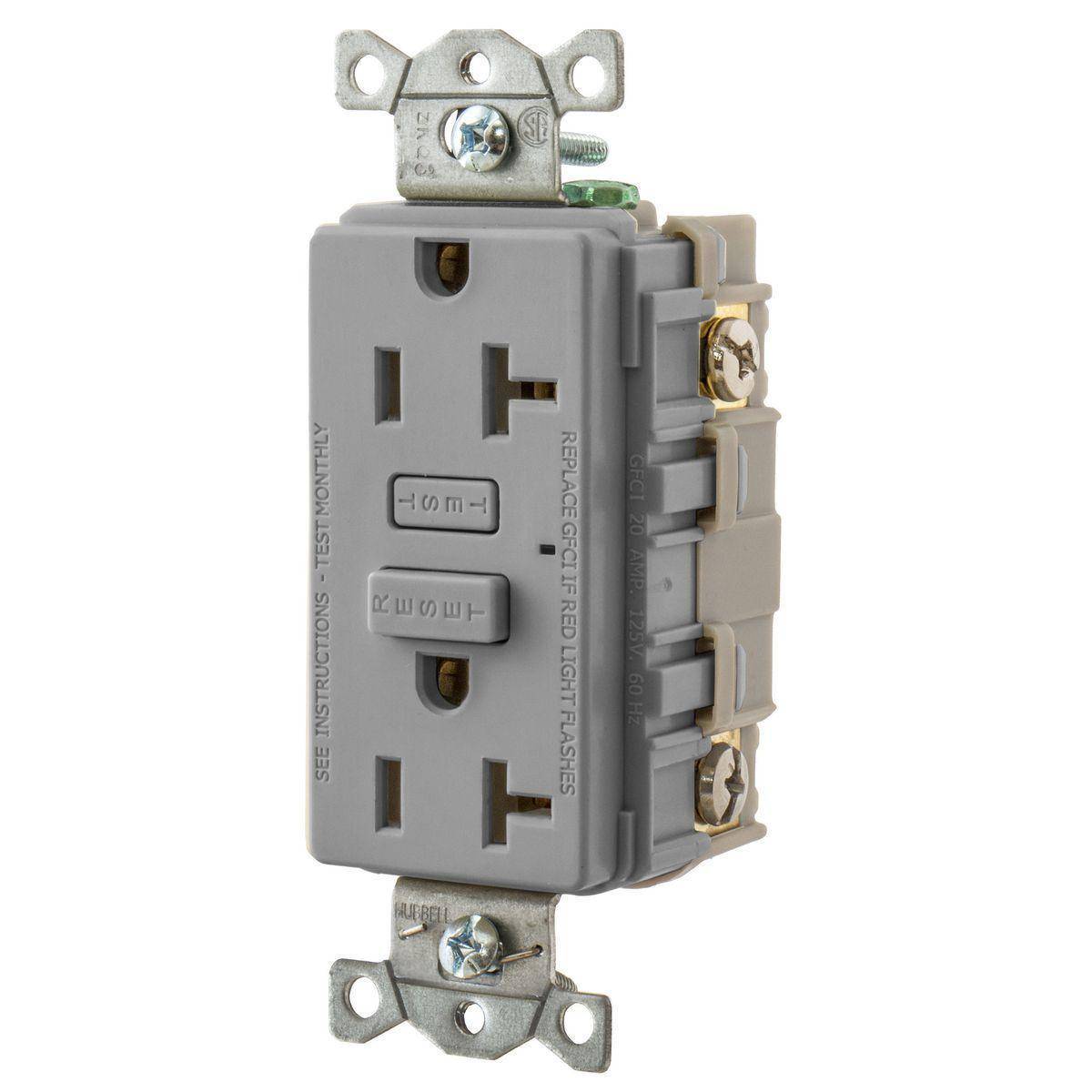 Bryant Electric Hubbell-Pro™ CIRCUITPRO® GF20GY 1-Phase Duplex Grounding Heavy Duty Self-Test Standard GFCI Receptacle, 125 VAC, 20 A, 2 Poles, 3 Wires, Gray